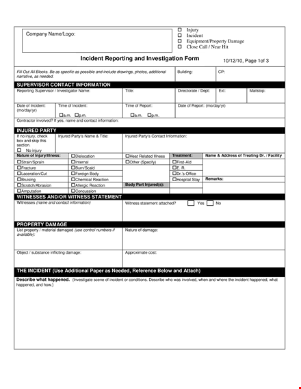 construction incident report template | investigate incidents, injuries & improper actions template