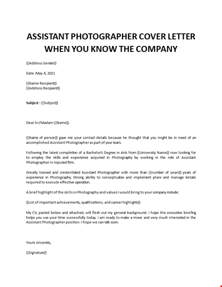 photographer assistant cover letter  template