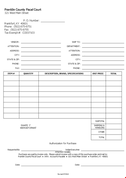 purchase order form - attention franklin county fiscal | phone support template