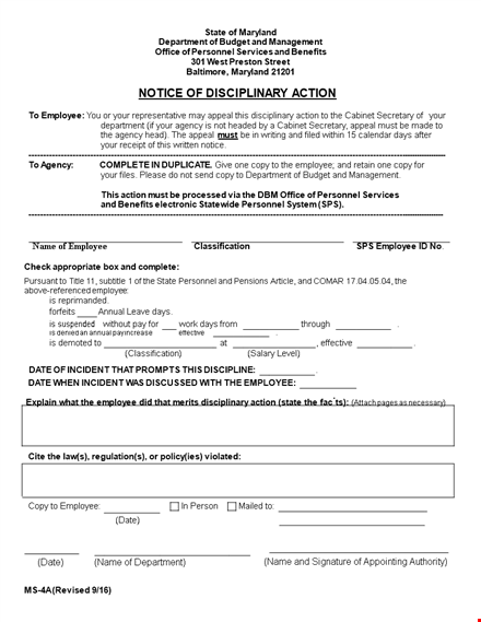 employee disciplinary action form | personnel & department action template
