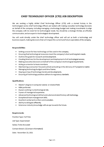 chief technology officer job description template