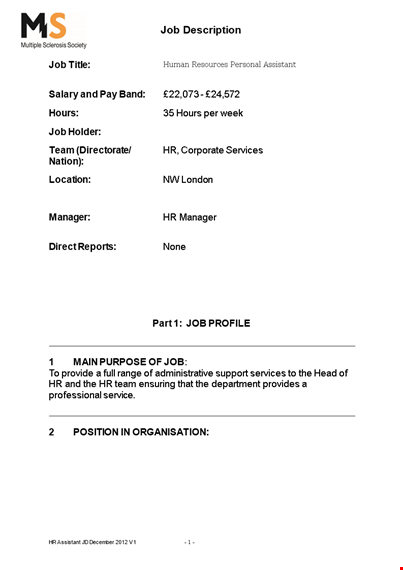 human resources personal assistant job description template