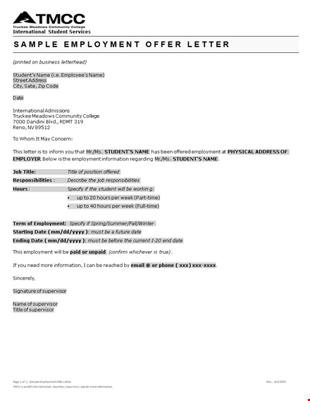 best employment offer letter for students template