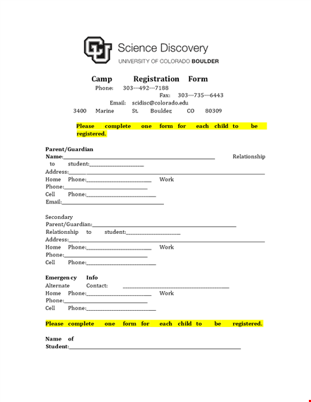 printable science discovery camp registration form template template