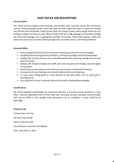 post office job description template