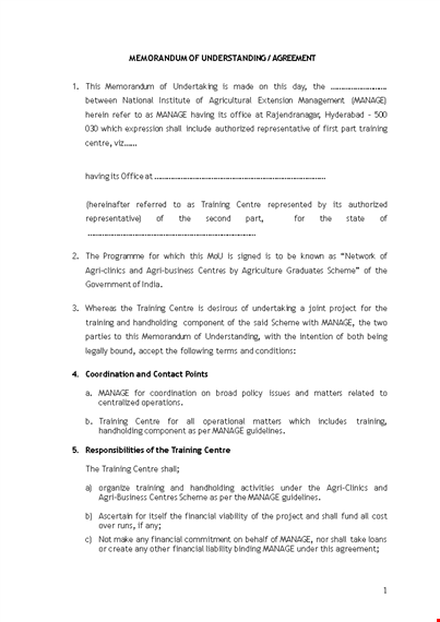 memorandum of understanding template - manage training agreement with centre template