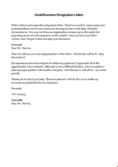 small business resignation letter template template