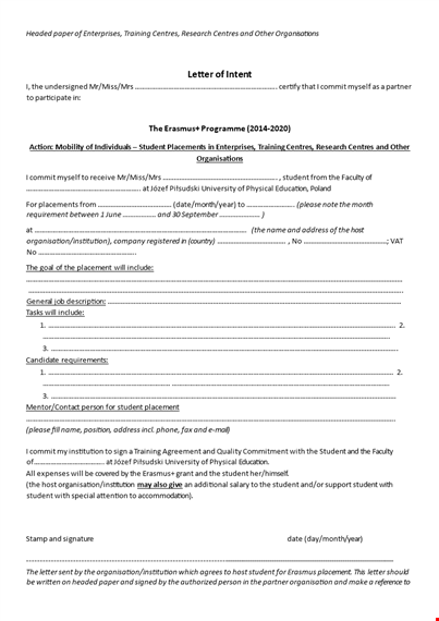 student letter of intent for institution & organizations template