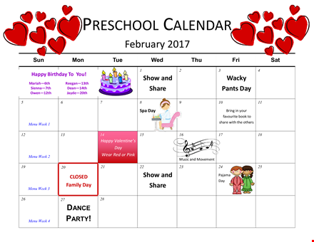 preschool birthday calendar template template