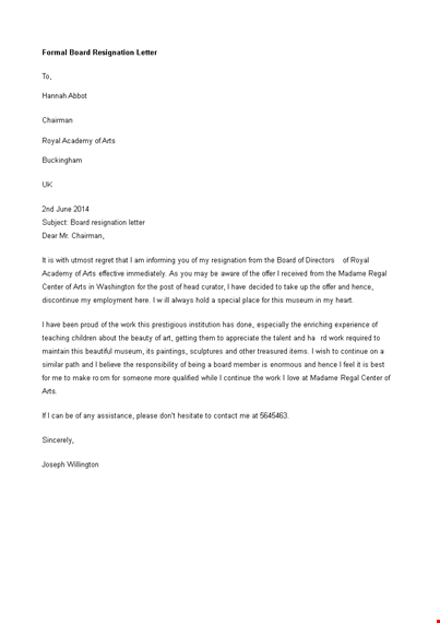 formal board resignation letter template