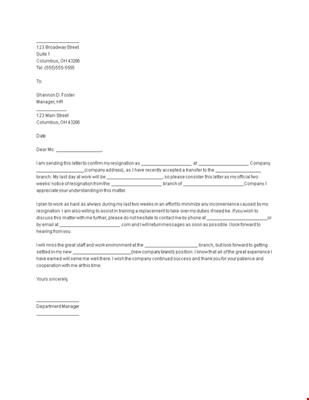resignation letter - two weeks notice for company branch template