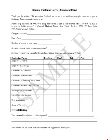 comment card template - improve your services, gather feedback, and enhance campsite cleanliness template