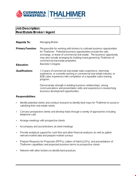 real estate broker agent job description template template