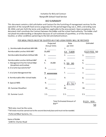 food service bid summary template