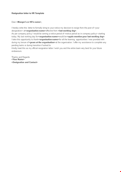 resignation letter to hr template template