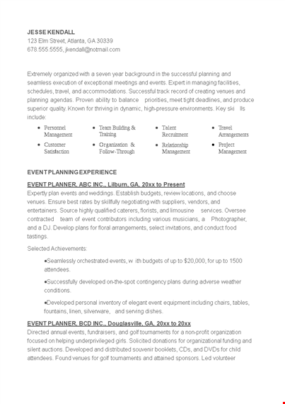 experienced event planner resume template