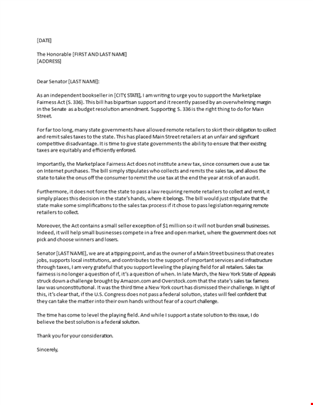 sales & support letter of support for state retailers template