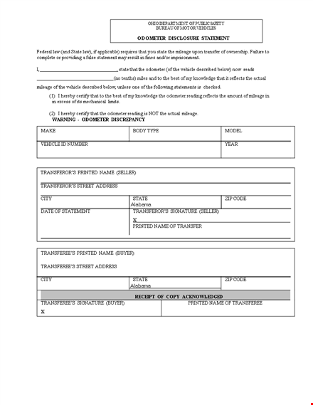 printed odometer disclosure statement for vehicles | state mileage record keeping template