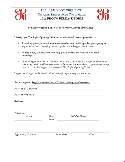 sign our photo release form for union shakespeare speaking - english version template