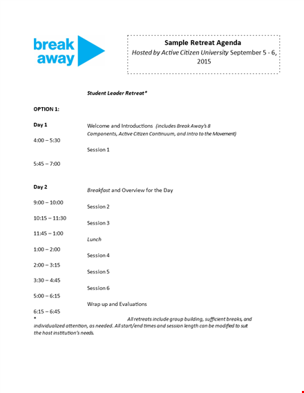 retreat agenda template: program, sessions, breaks template