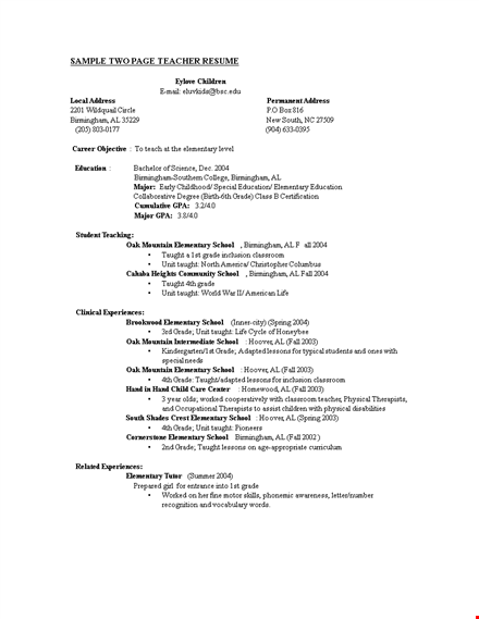 printable teacher resume - grade, elementary - taught in birmingham template