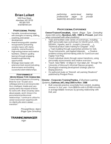sales training manager resume template