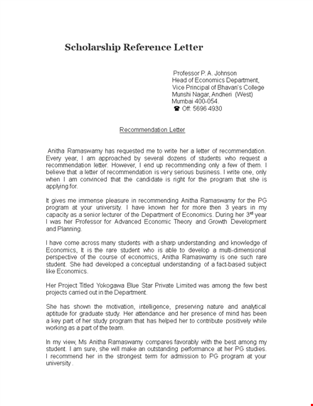 scholarship reference letter from professor doc template
