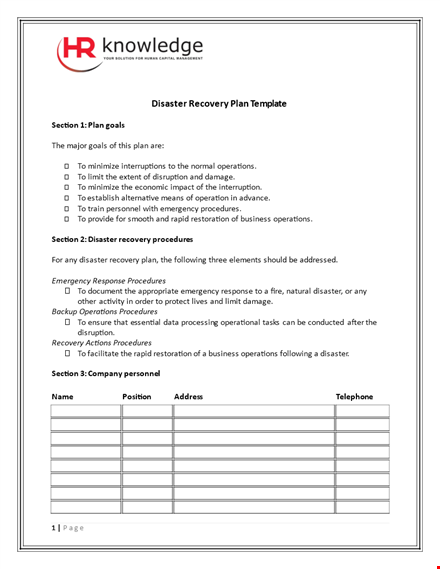 emergency disaster recovery plan template - comprehensive section template