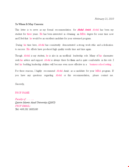 teacher recommendation letter template - a valuable recommendation for abdul amiri template