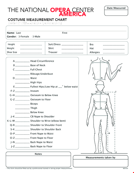 costume measurement chart - create custom opera costume measurements template