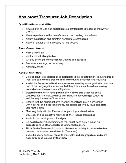 treasurer assistant job description template