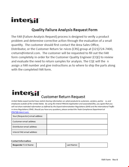 quality failure analysis request form – customer, application, number, address, failure template