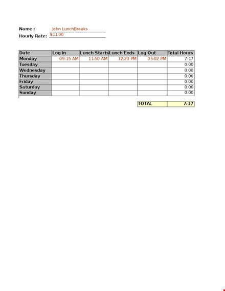 employee lunch schedule - total hours, hourly breaks & lunch breaks template