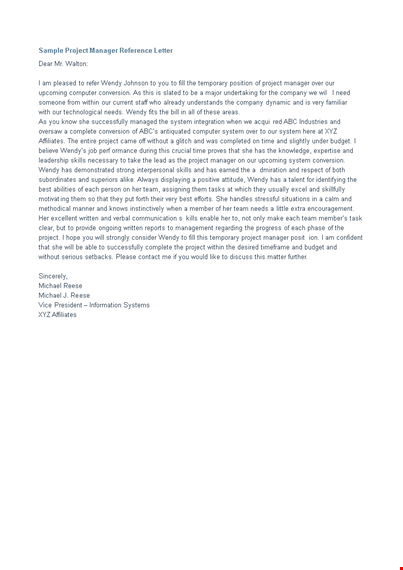 project manager reference letter template template