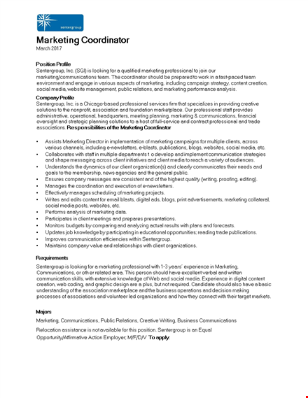 professional marketing coordinator resume: communications & media | sentergroup template