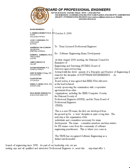 invitation letter to professional engineering board | texas exam committee template