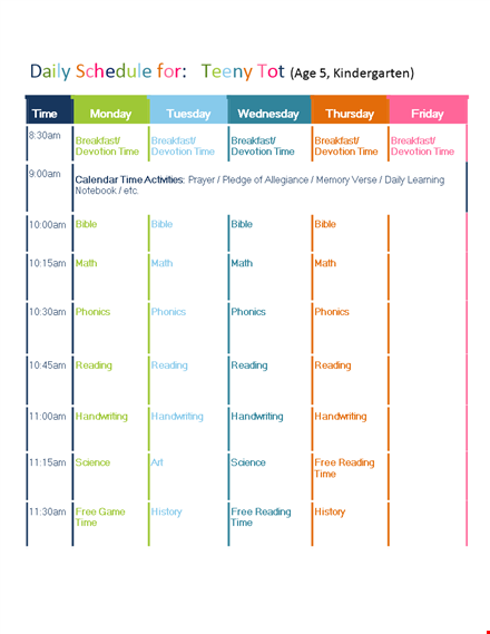 kindergarten homeschool schedule - structured reading & devotion - breakfast included template