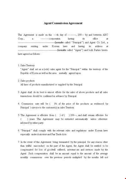 sales commission agreement template for agent and principal template