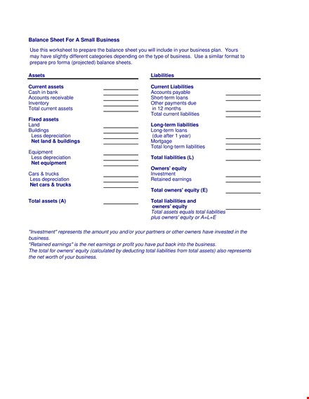 business sheet: manage your business's total liabilities, assets, and owners template