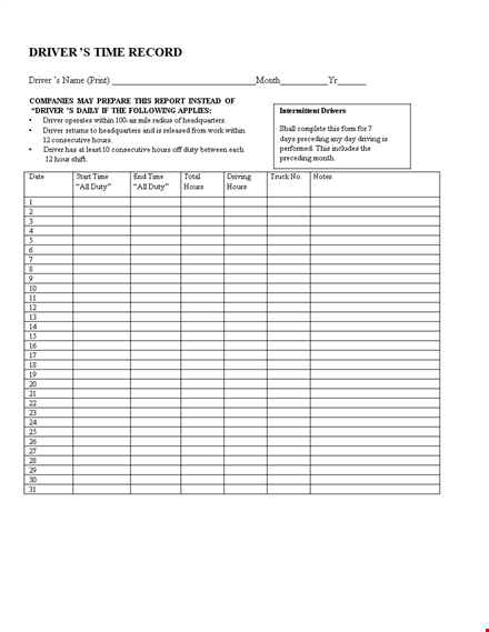 driver's daily log template - track your monthly hours easily template