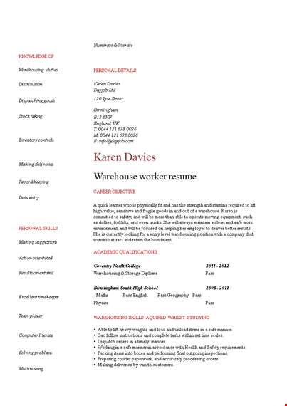 entry level resume for warehouse example template
