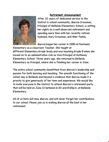 retirement announcement template for school - celebrate marcia belleisle's retirement at elementary template
