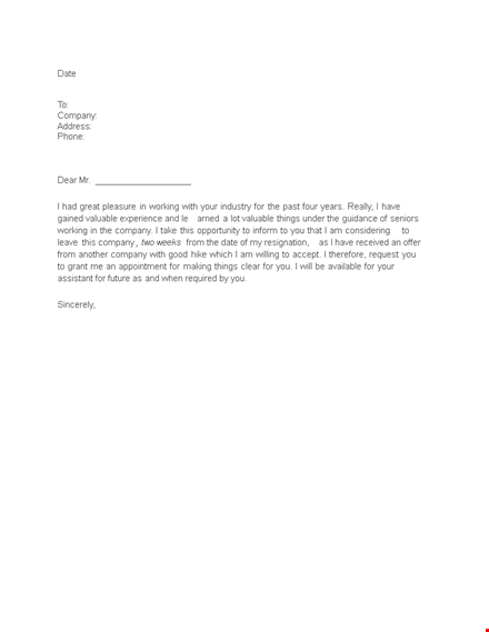 two weeks notice sample letter template