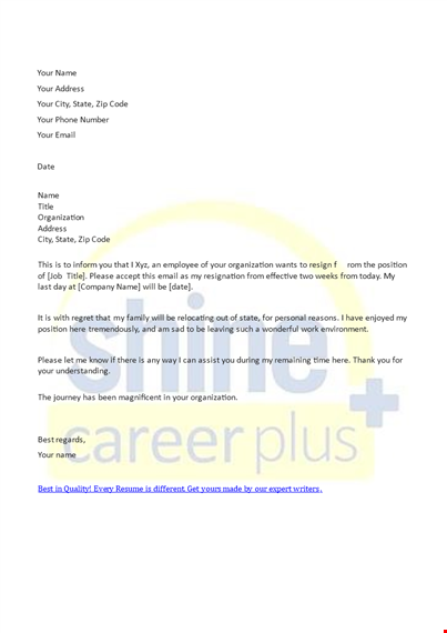 resignation letter format due to relocation template template