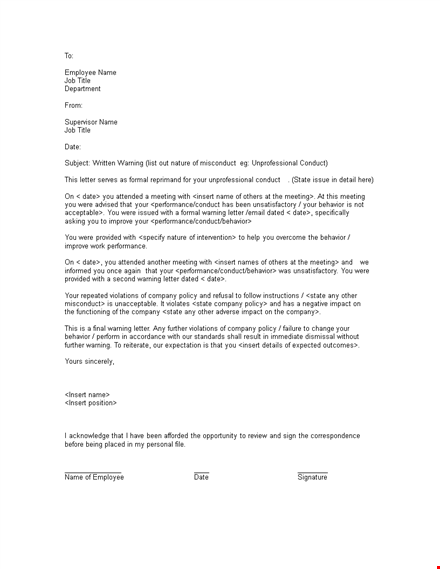 effective employee warning letter for company discipline template