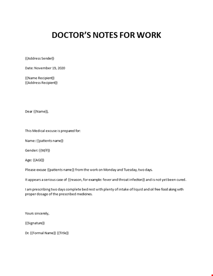 doctors note for work template