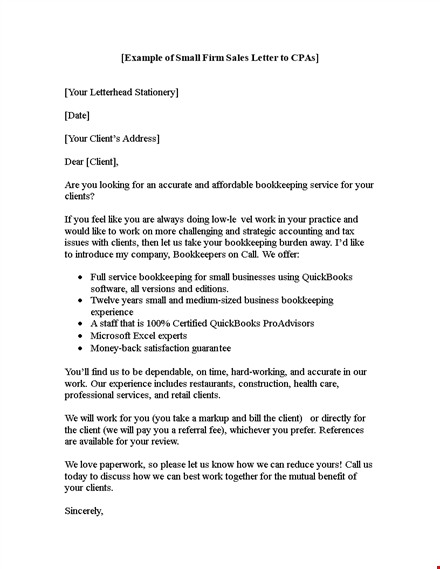 sales letter template for small clients - bookkeeping template for client outreach template