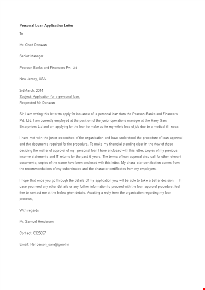 personal loan application letter template template