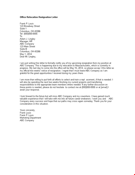 office relocation resignation letter template