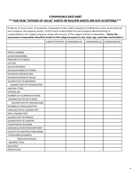 home sales comparable grid sheet template template